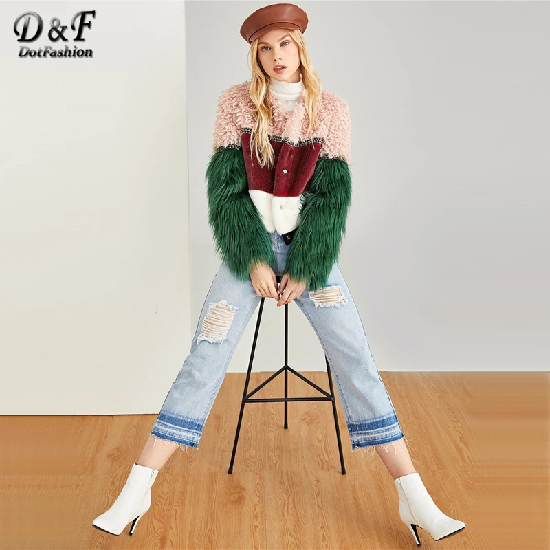Dotfashion, на молнии, с цветным блоком, из искусственного меха, плюшевое пальто, женская Повседневная зимняя одежда с длинными рукавами, Женская разноцветная верхняя одежда на выход
