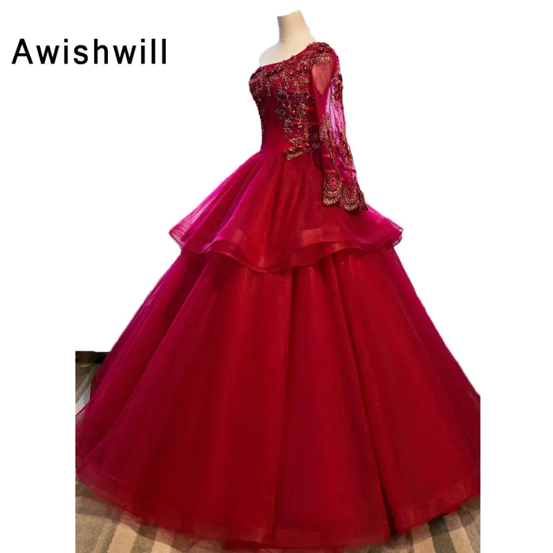 New Red Prom Dresses 2020 Ball Gown Floor Length Lace-up Back Appliques Beaded Tulle Evening Party Vestido de festa | Свадьбы и