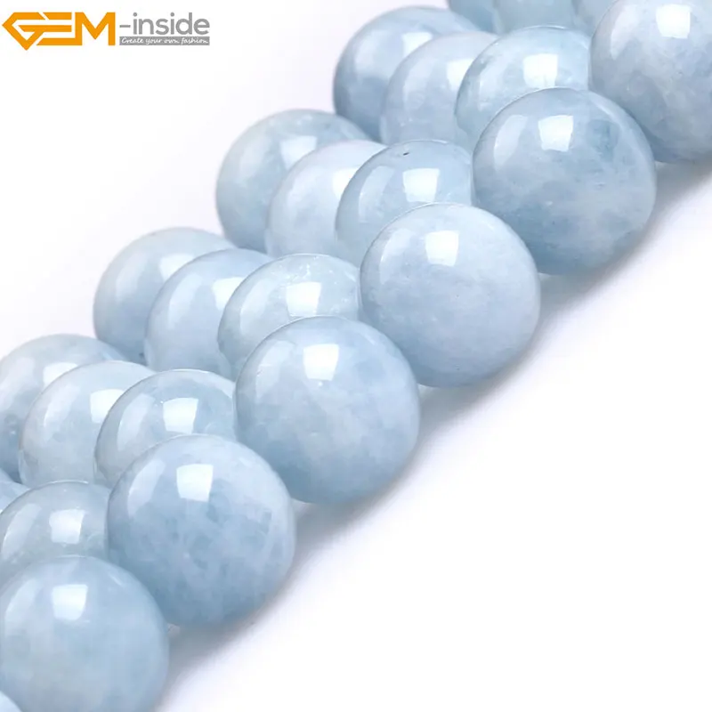 Gem-inside Natural Round Smooth Light Blue A Grade Aquamarine Quartz Beads for Jewelry Making 15'' DIY Jewellery Christmas Gift |