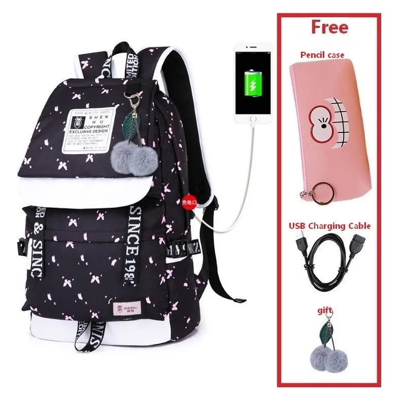 Set 21 Женский модный рюкзак с принтом, usb сумка для ноутбука, женские дорожные сумки, белый холщовый школьный рюкзак для девочек, безопасный рюкзак - Цвет: Set 21