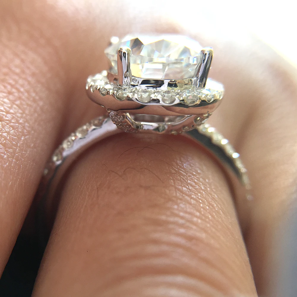4,2 carat ct 9,5 мм овальным вырезом Обручение и свадебных торжеств для синтетический бриллиант двойное кольцо Halo Кольцо подлинной 14 к 585 Белое золото для Для женщин