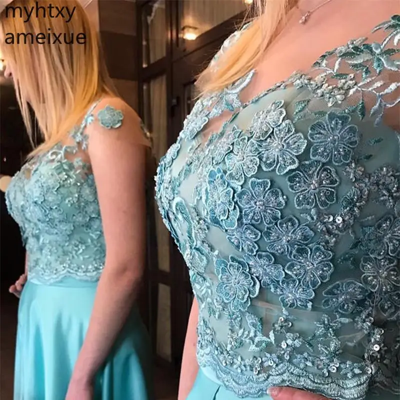 Plus Size Blue Prom Dresses Scoop Neck Cap Sleeves Long Formal Party Gowns Appliques Beaded Buttons Back 2020 Elegant Women Gown