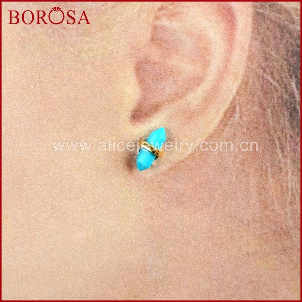 

BOROSA 5Pairs Gold Color Multi-kind Natural Stone Faceted Point Stud Earrings Agates Druzy lapis lazuli Earrings Jewelry ZG0348