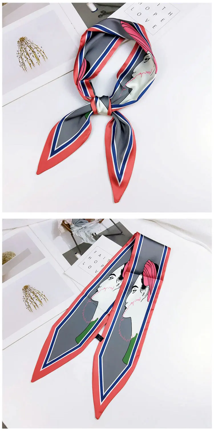 Fashion Hair Scarf For Women Neckerchief Cute Tie Wrist Ribbons Print Silk Satin Bag Scarfs Long Skinny Scarves For Ladies