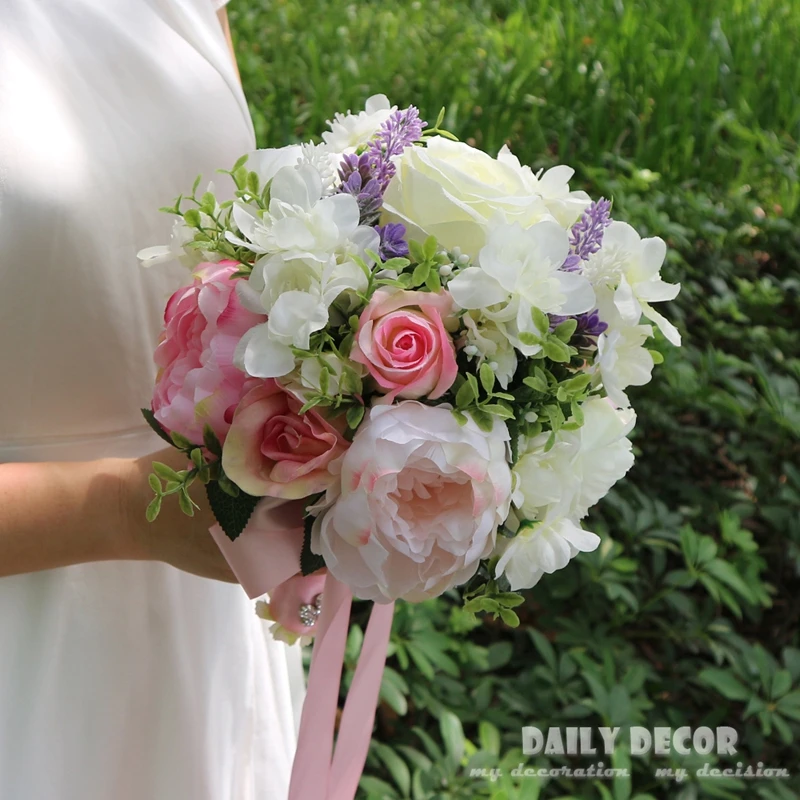 Большой букет из искусственных белых и розовых роз 26 см|corsage wrist|wrist flowerflowers white |