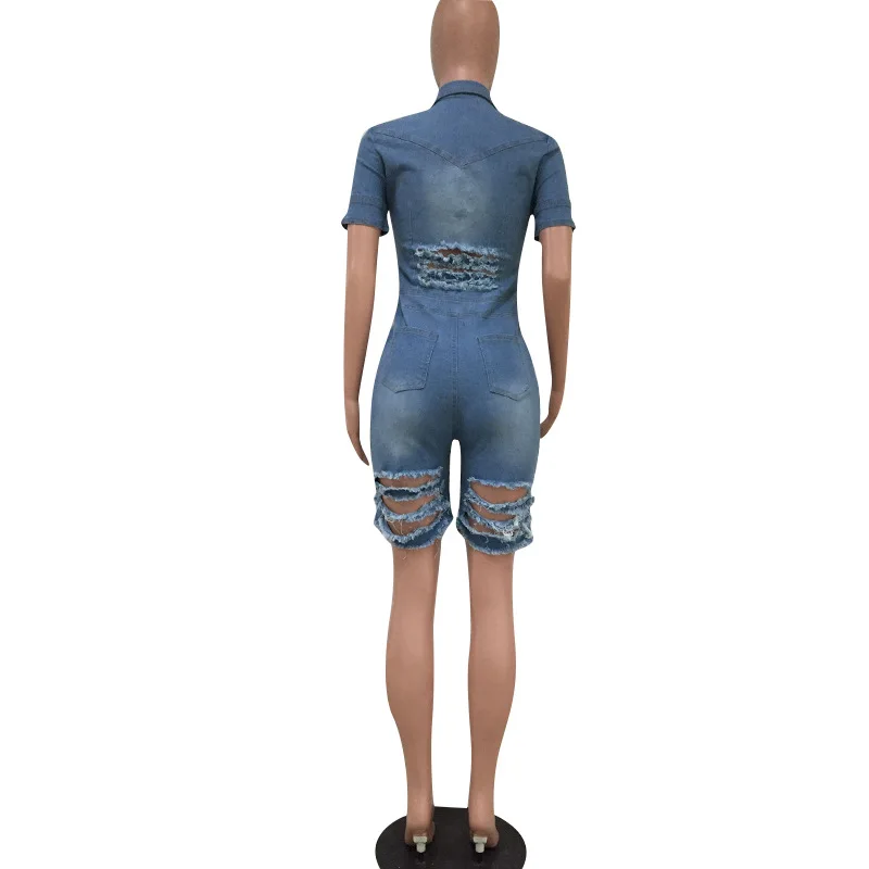 

HAOOHU deep V-neck sexy short jean jumpsuit rompers Women blue hollow out bodycon playsuit Summer female club denim overalls