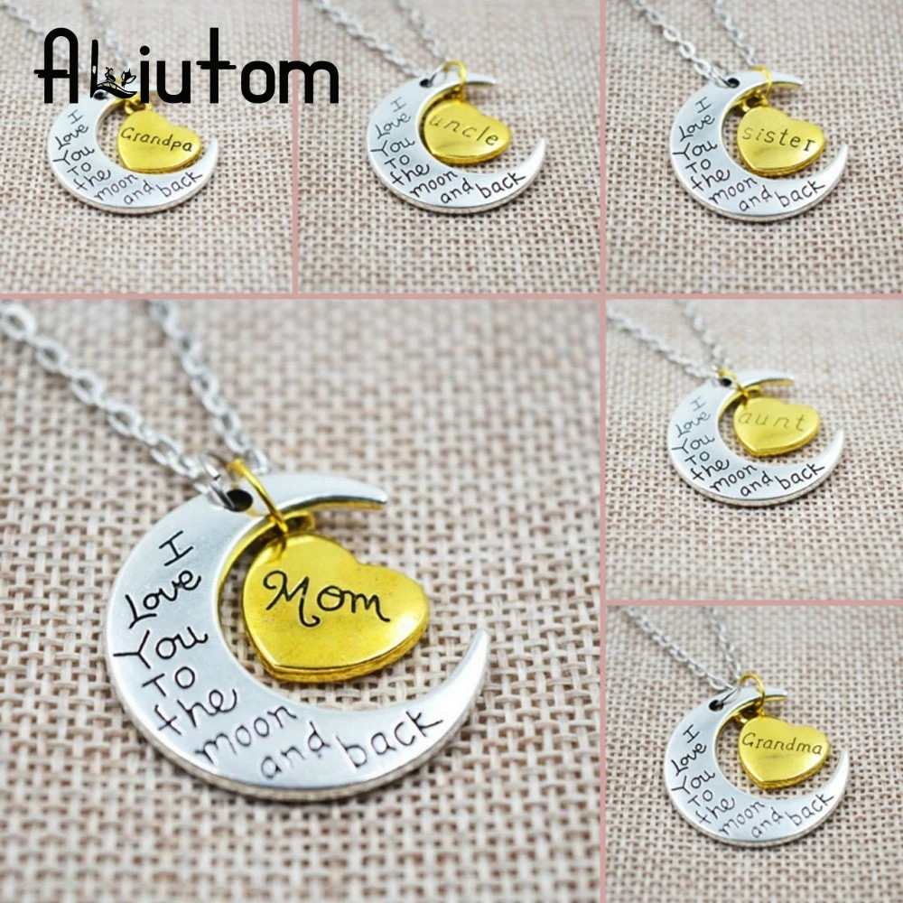 

Ожерелье серебристого цвета с надписью «I Love You To The Moon And Back», винтажные Семейные ожерелья, подвески, модные женские украшения, подарок для ма...