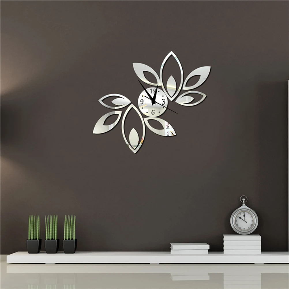 OULII Mirror Wall Clock Rhombus Leaves Sticker Decoration | Дом и сад