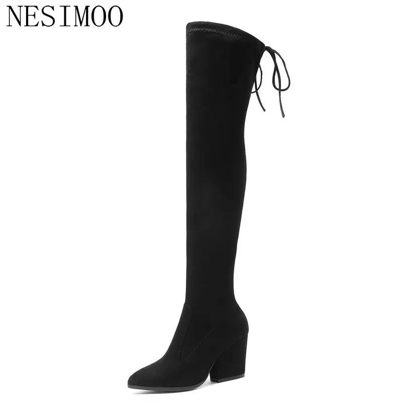 Женские ботфорты на шнуровке NESIMOO бордовые высоком каблуке с острым носком