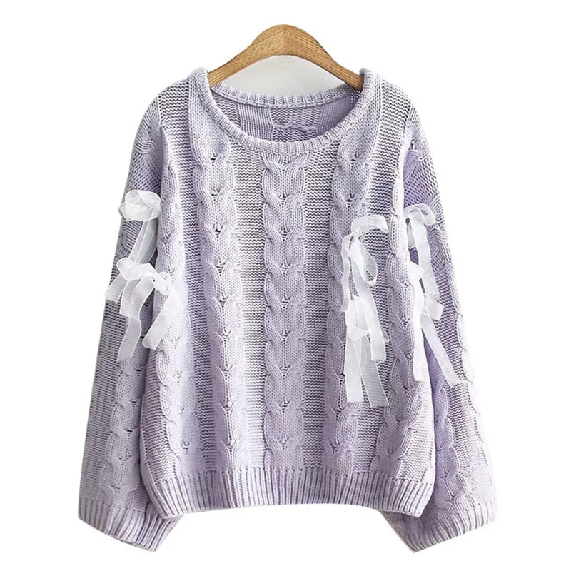 Autumn Japanese Female Solid Sweaters Soft Sister Teens Lace Up Ribbons Fashion Lovely Cute Knitwear Kawaii Sweater for Women | Женская