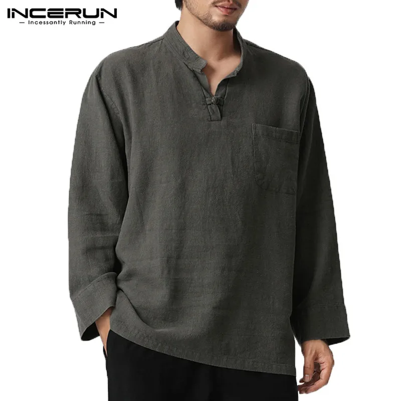 Gray Shirt INCERUN Мужская рубашка с длинным рукавом в стиле ретро, v-образный вырез, хлопок, лен, мужские топы, осень размера плюс, китайский стиль, Свободные повседневные рубашки, Camisa - Цвет: Gray Shirt