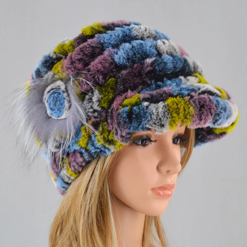colorful 2 Новые женские полосатые и цветочные настоящие натуральные шапки из меха кролика рекс натуральная шапка из меха кролика рекс женские зимние теплые шапки из меха кролика рекс - Цвет: colorful 2