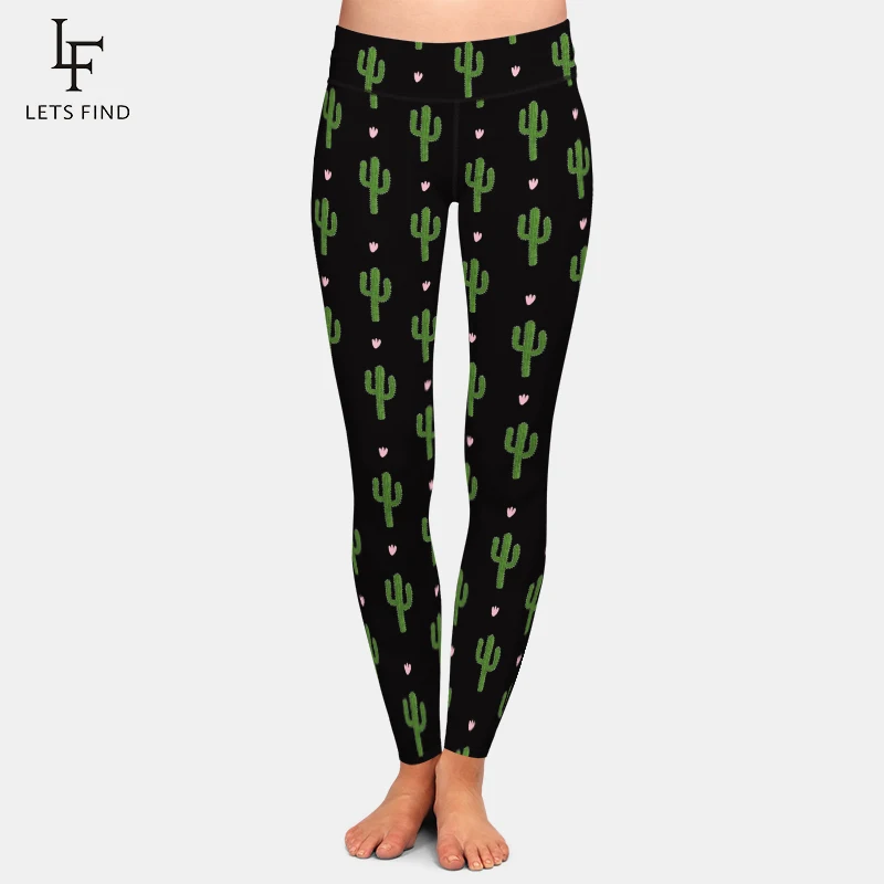 LETSFIND Women High Waist Pants Fashion Cactus Print Fitness Elastic Pants 220gsm Double Side Brushed Milk Silk Print Leggings