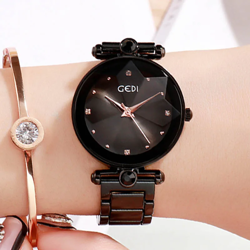 Black watch GEDI Rosegold Quartz Women's Watches Top Brand Luxury Ladies Clock Fashion Women Watch Simple Female Wristwatch reloj mujer New - Цвет: Black watch