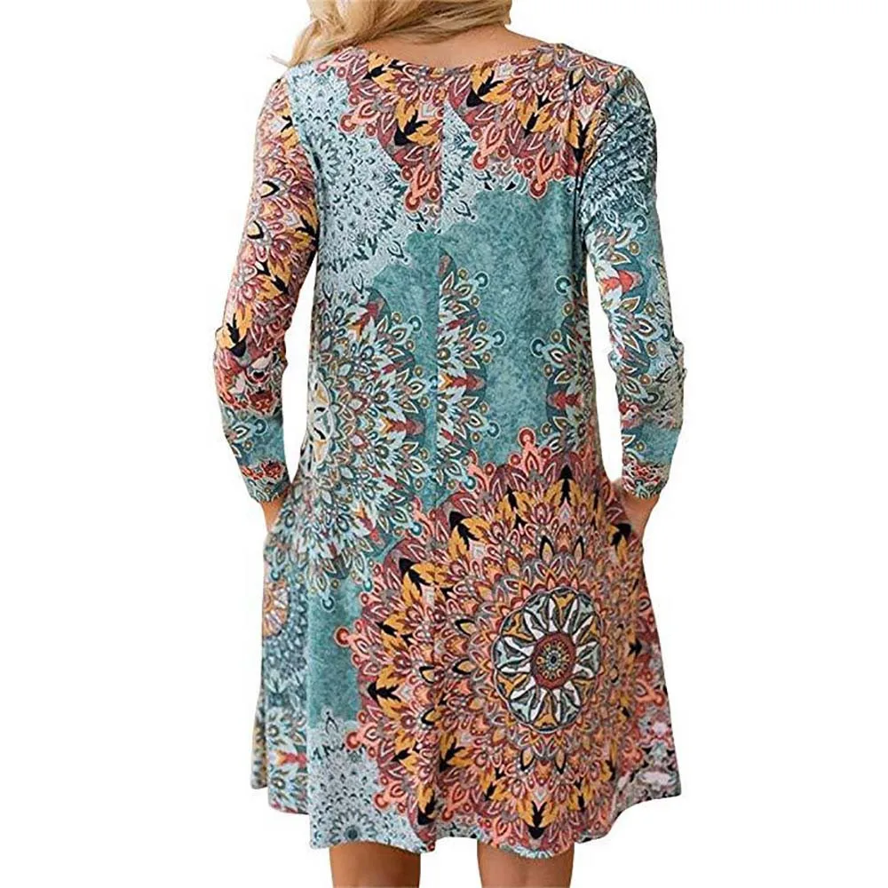 Женское короткое винтажное платье с длинным рукавом Boho Пляжное цветочным