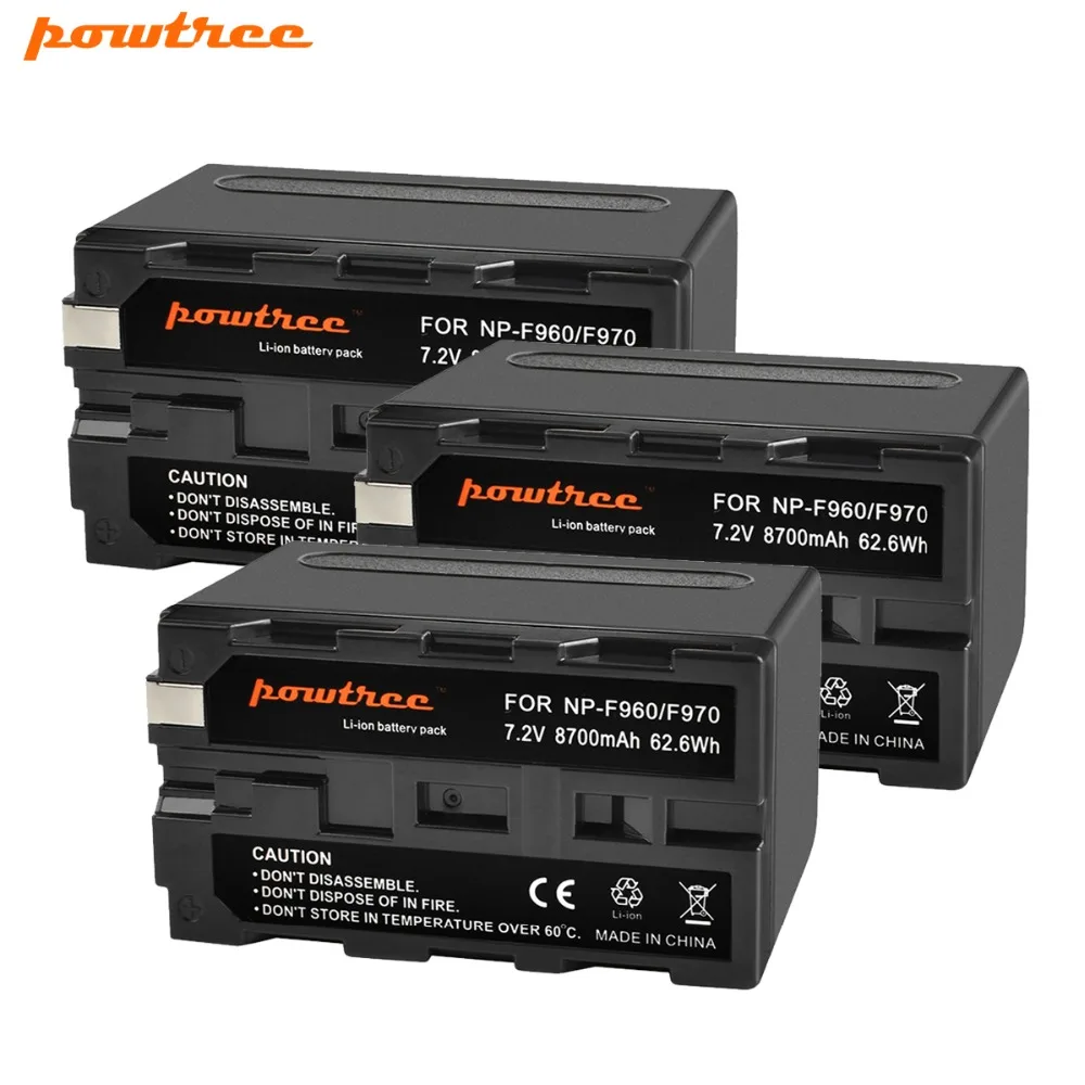 Powtree для sony 3 шт. 7,2 V 8700 мА/ч, NP-F960 NP-F970 Замена перезаряжаемой батареи 198 P F950 MC1000C TR516 TR555 DCR-VX2100E/A