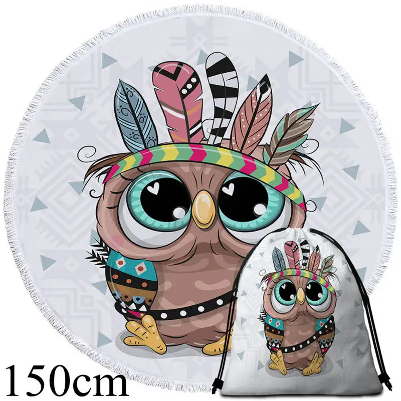 Owl Towel 150cm-Bag Постельные принадлежности Outlet мультфильм сова круглый пляжное полотенце ацтекский гобелен с геометрическим рисунком микрофибры Toalla Племенной Лев Мопс взрослых банное полотенце 150 см - Цвет: Owl Towel 150cm-Bag
