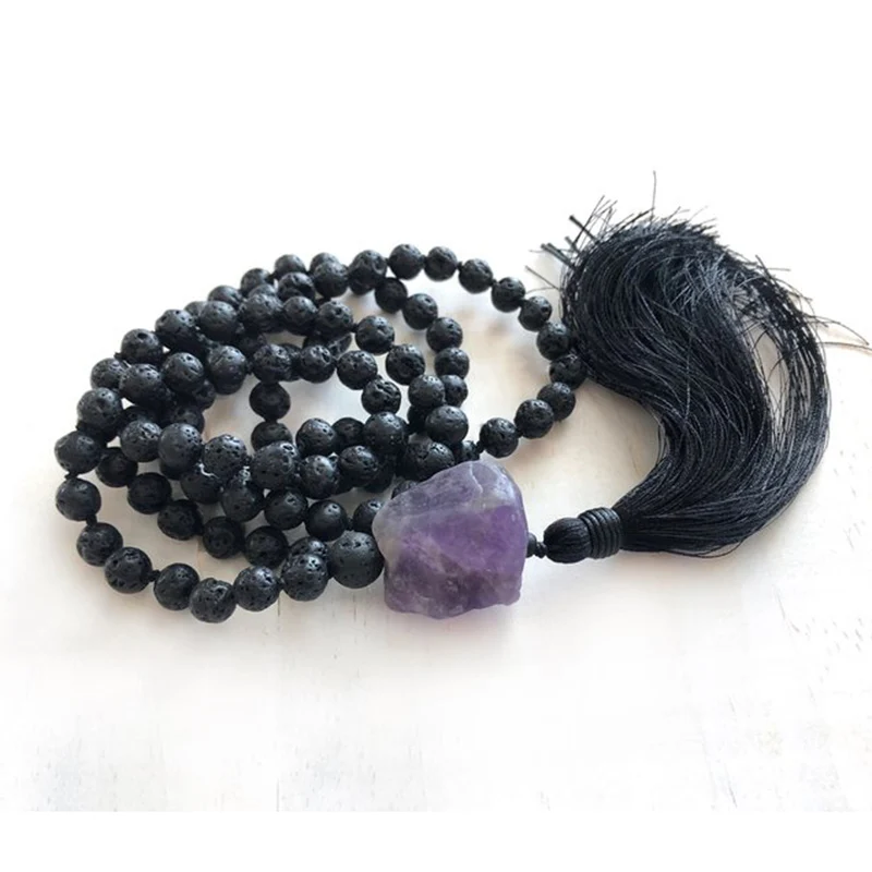 8 мм Черная Лава камень Мала ожерелье ручной работы с черной кисточкой 108 бусы