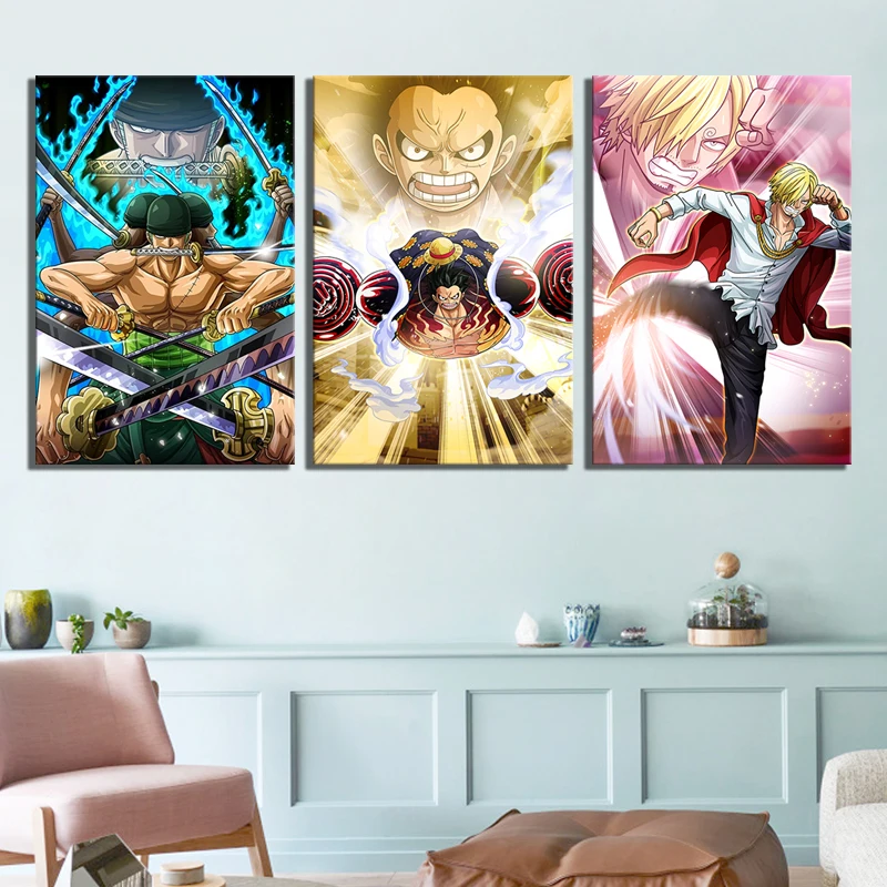 Принты для домашнего декора картина 3 панели Luffy Zoro Sanji картины мультфильм