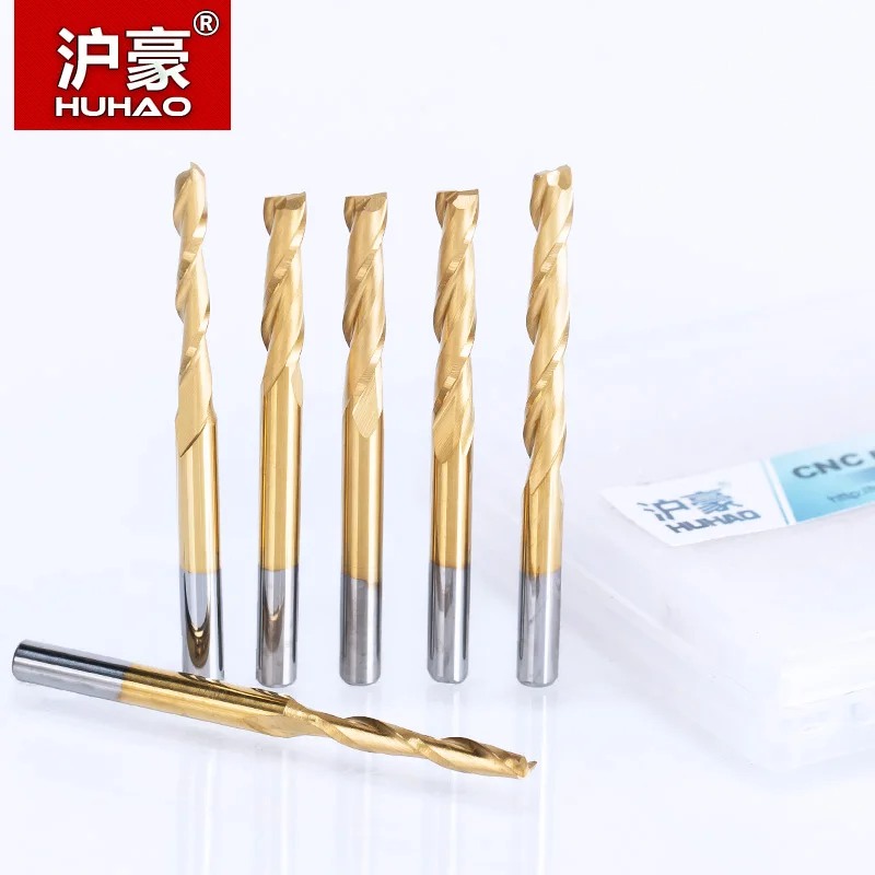 HUHAO 5pc/lot 3.175mm Titanium Coating 2 Flute Spiral router bit for wood CNC tool End Mill Tungsten Carbide PCB Milling Cutter|spiral bit|router
