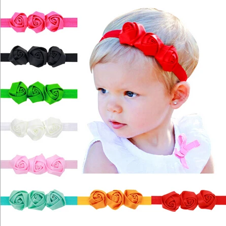 

Hot Sale 1pcs baby girl headbands three rose satin flowers head band elastic hair band kids children hair accessories