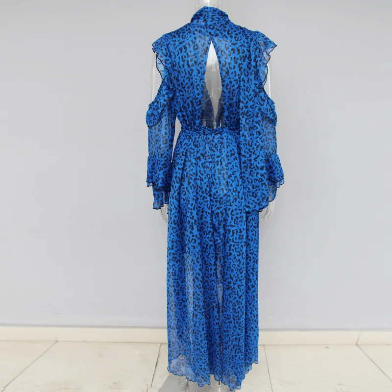 Leopard Female Dresses For Women Off Shoulder Flare Sleeve Asymmetric Hem Backless Ruffles Dress Vintage Clothes | Женская одежда