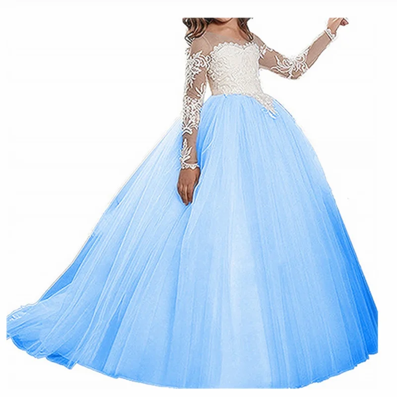 Light blue Светильник шампанское Винтажные платья с цветком для девочек для свадеб индивидуальный заказ Принцесса Кружева Аппликация детей Платье для первого причастия - Цвет: Light blue