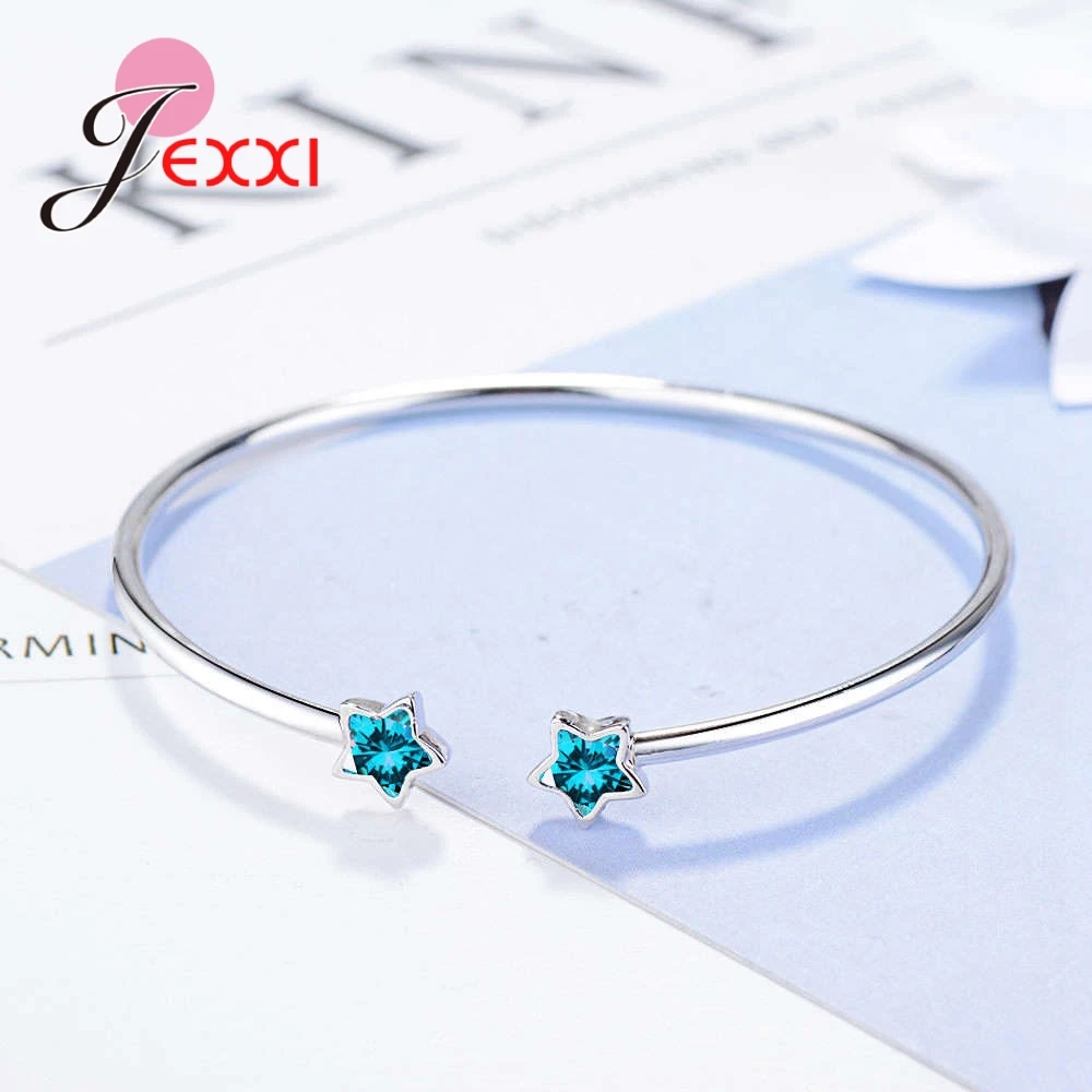 Cute High Quality Double Blue Stars CZ Crystal 925 Sterling Silver Opening Bangle For Woman Girls Vogue Engagement Gift | Украшения и