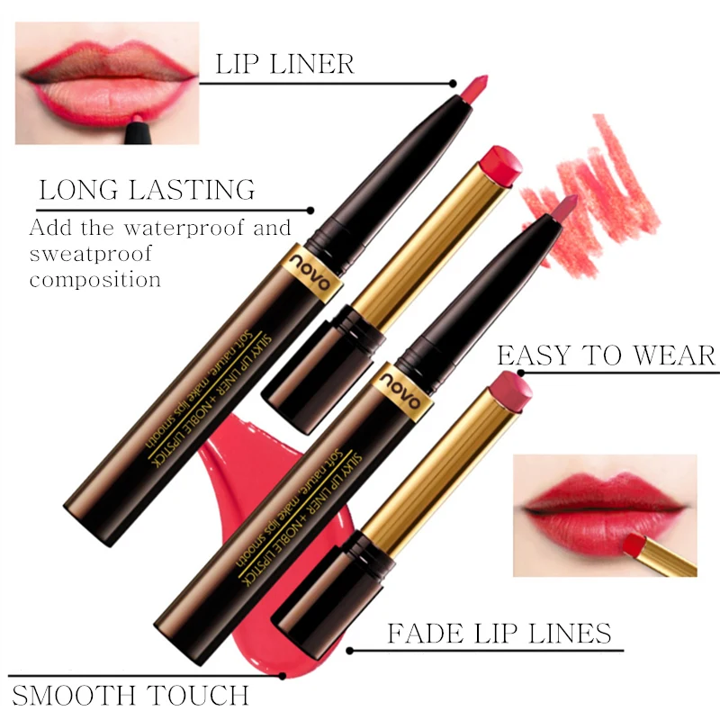 Novo 2 в 1 набор для макияжа губ: поворотная помада + карандаш для губ многофункциональная косметическая карандаш матовый лайнер на губы.
