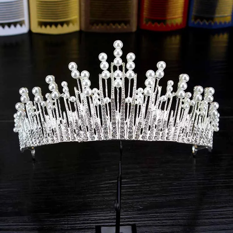 pearl tiara Большие стразы диадема кристалл лист Тиара повязка невесты Жемчуг Королевская корона Роскошные барокко Свадебные украшения для волос для женщин - Окраска металла: pearl tiara