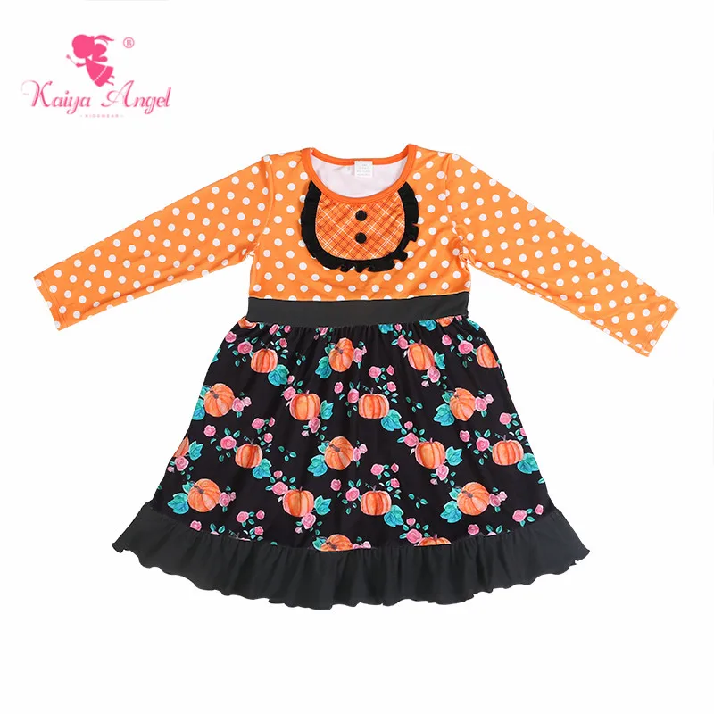 Kaiya Angel Halloween Toddler Girl Ruffles Long-sleeved Kids Princess Dresses Flower Pumpkin Orange Bottom White Dot Clothes | Детская
