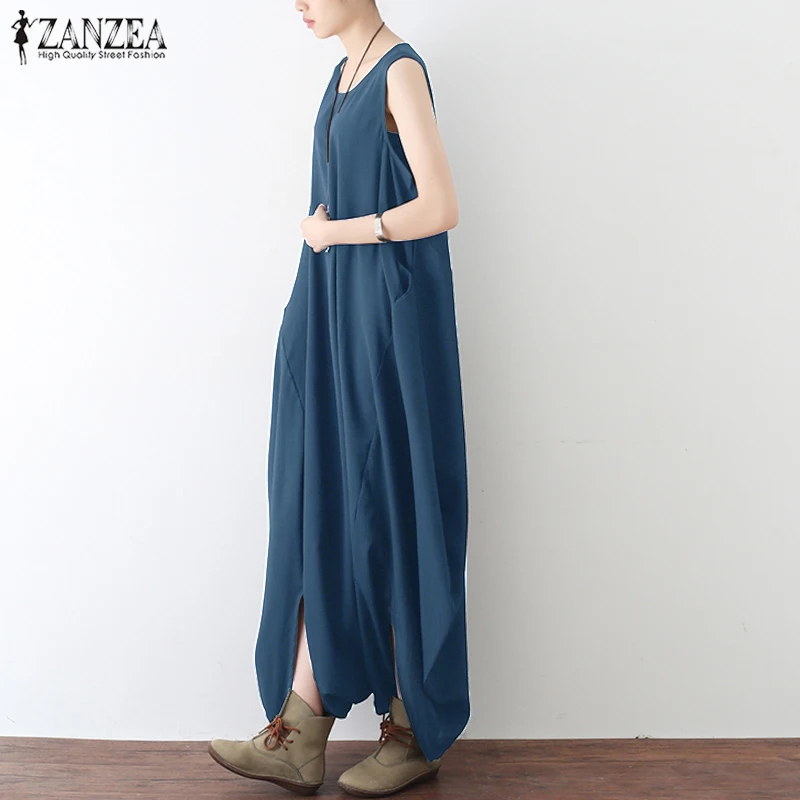 Rompers Women Jumpsuit Summer ZANZEA Long Playsuit Overalls Solid Casual Loose Sleeveless Pockets Maxi Robe Femme Plus Size