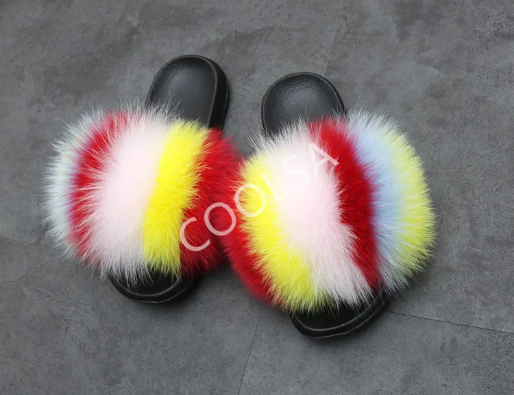 Women's Summer Fur Slippers Indoor Warm Fluffy Plush Home Shoes Woman Real Fox Hair Fur Slides Furry Sandals Female Flip Flops