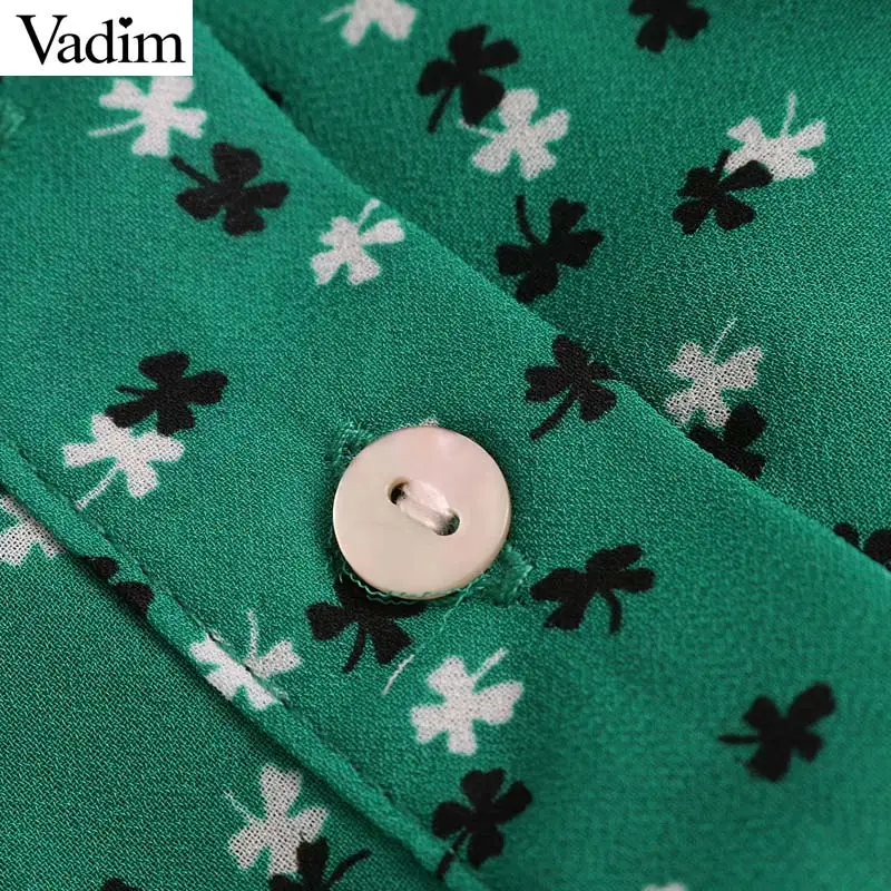 Vadim women floral print chiffon green dress V neck gathered long sleeve female casual dresses elegant summer vestidos QC009 | Женская