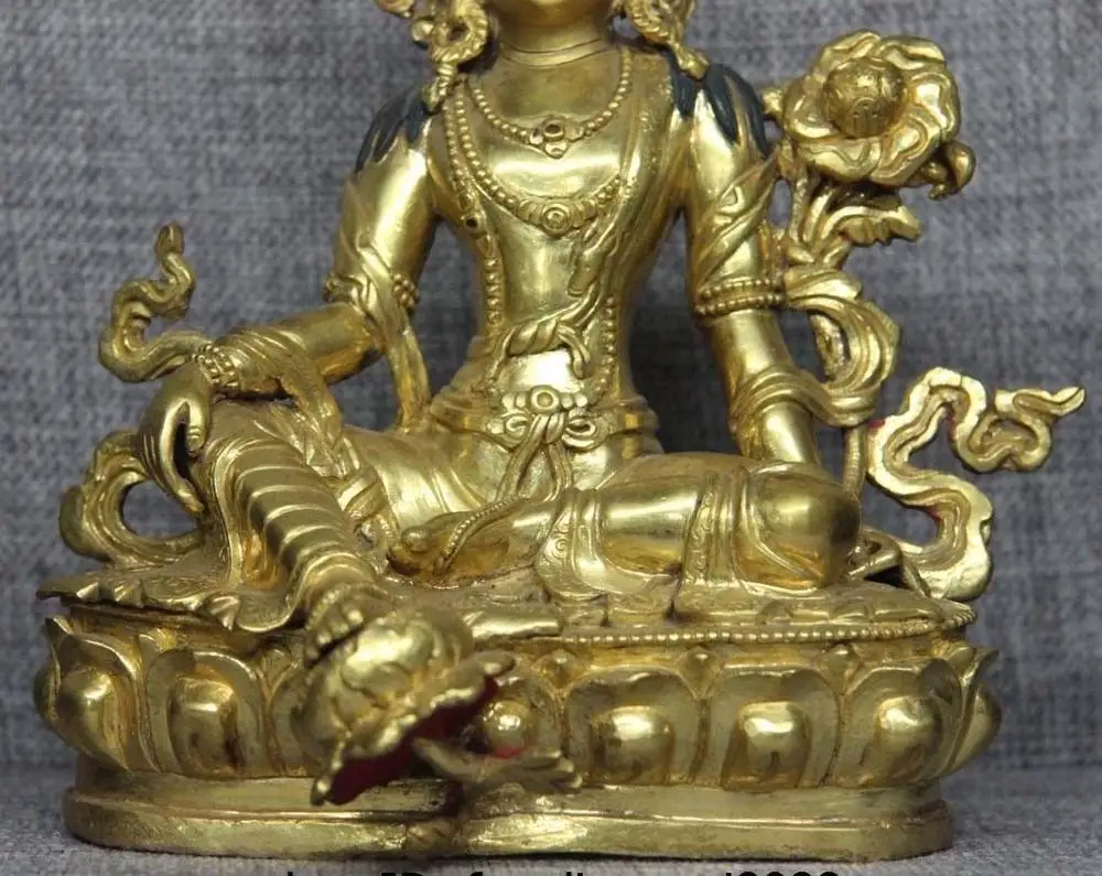 Тибетская Чистая медь и бронза 24 K золото зеленый Tara Kwan yin статуя Будды