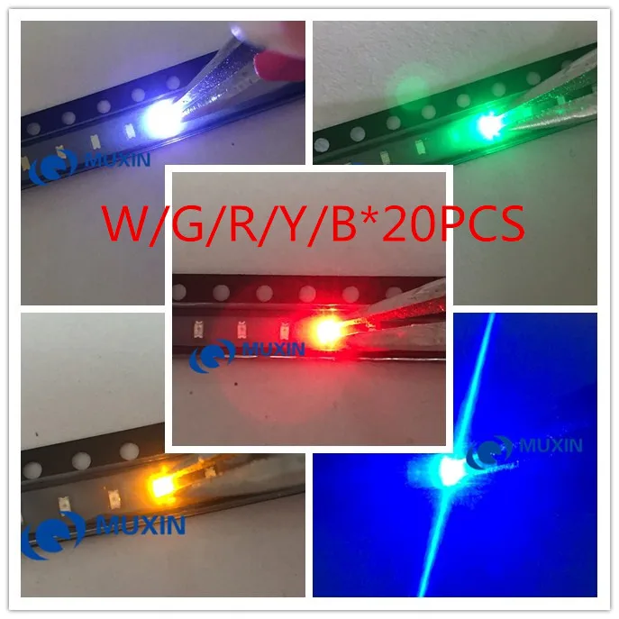 5 видов цветов X20 шт = 100 SMD 0603 led супер яркий красный/зеленый/синий/желтый/белый