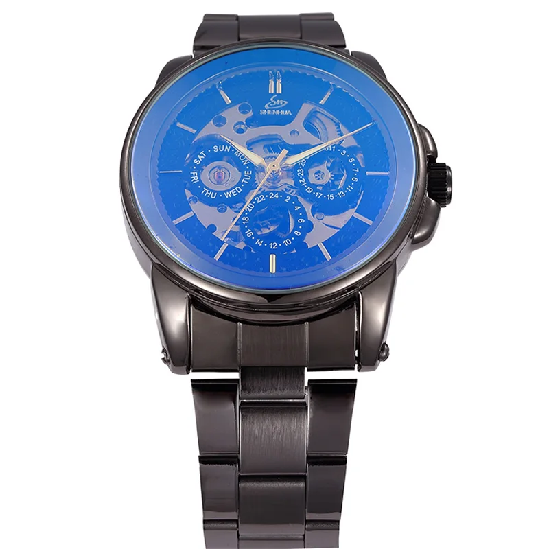 Автоматические механические часы ShenHua с черным скелетом мужские модные