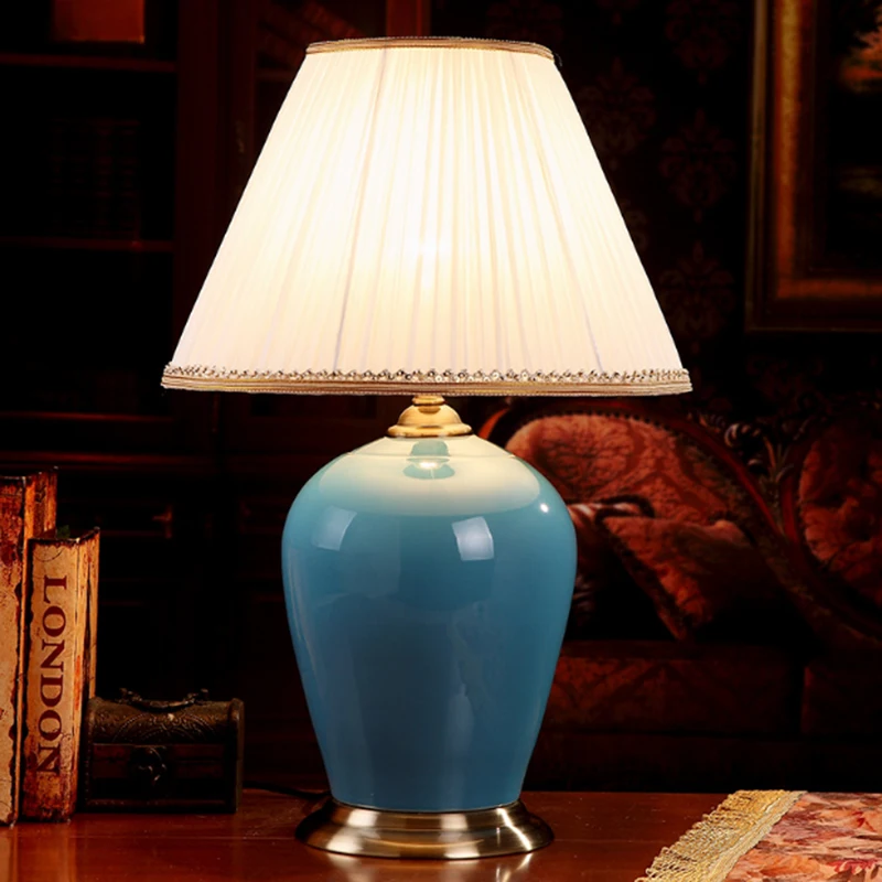 

Ceramic Gemstone Blue Vase E27 Table Lamp Copper LED Bedroom Bedside Desk Light White Cloth Chinese Living Room Decor Fixture