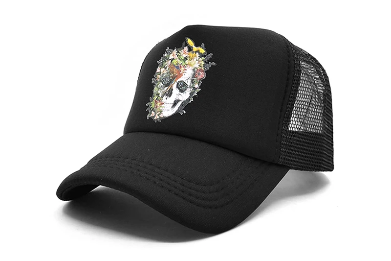 CLIMATE Flower Skeleton Trucker Cap Men Cool Skull Bone Cap HipHop Baseball Caps Summer Bloodcurdling Black Mesh Cap Hat for Men