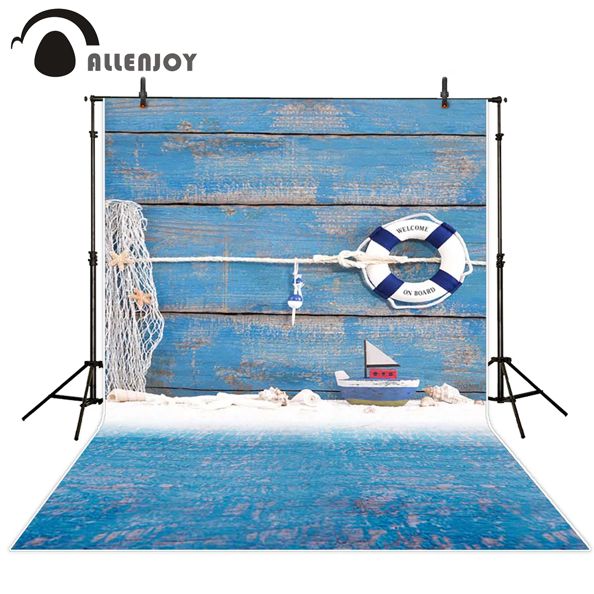 Allenjoy baby backdrop Blue wood board children swimming ring boat toys birthday photocall photography backgrounds photo studio |