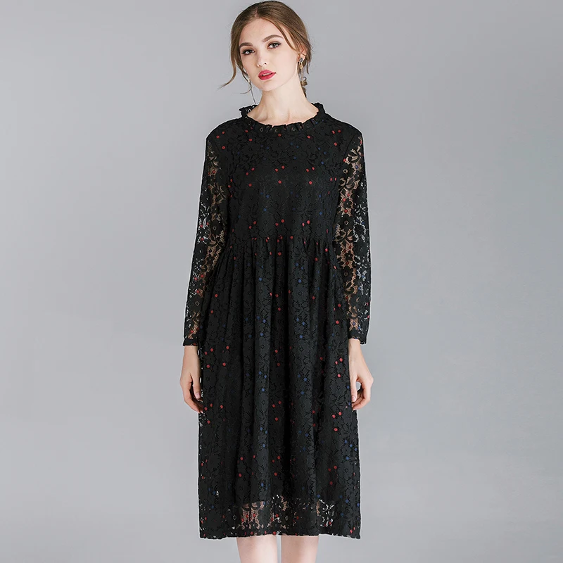 

Lace Dress Full Sleeve Women Plus Size 2020 Spring Black Pink Woman Hollow Out Lace Elegant Party Dresses Summer Female 4XL