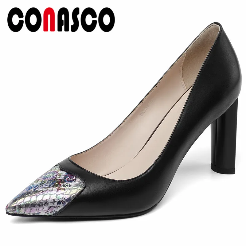 

CONASCO 2021 Women Genuine Leather High Heels Shoes Woman Sexy Patchwork Party Wedding Shoes Ladies Slip On Office Pumps