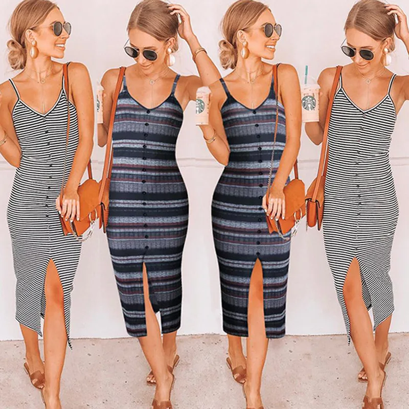 Сексуальный ремень полосатый Bodycon платье с вырезом 2019 летние Для женщин кнопки