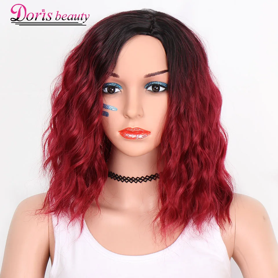 Doris beauty Ombre красный цвет синтетические короткие парики для женщин волна воды пушистые волосы черный оранжевый зеленый Косплей