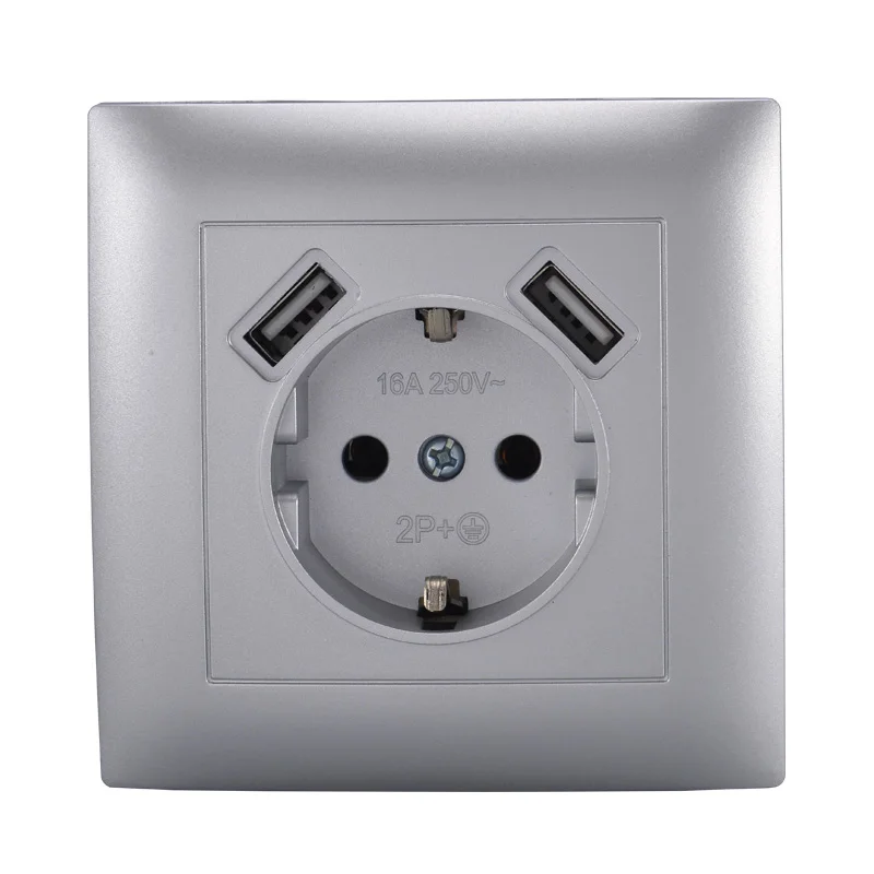 USB Wall одно гнездо заземления с двойным usb портом 5V 2A Enchufes Para Серебряный приз Electrique