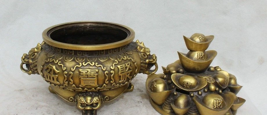12 &quotКитай Медь Богатство Yuanbao Сокровище Чаша льва ручка благовония горелки