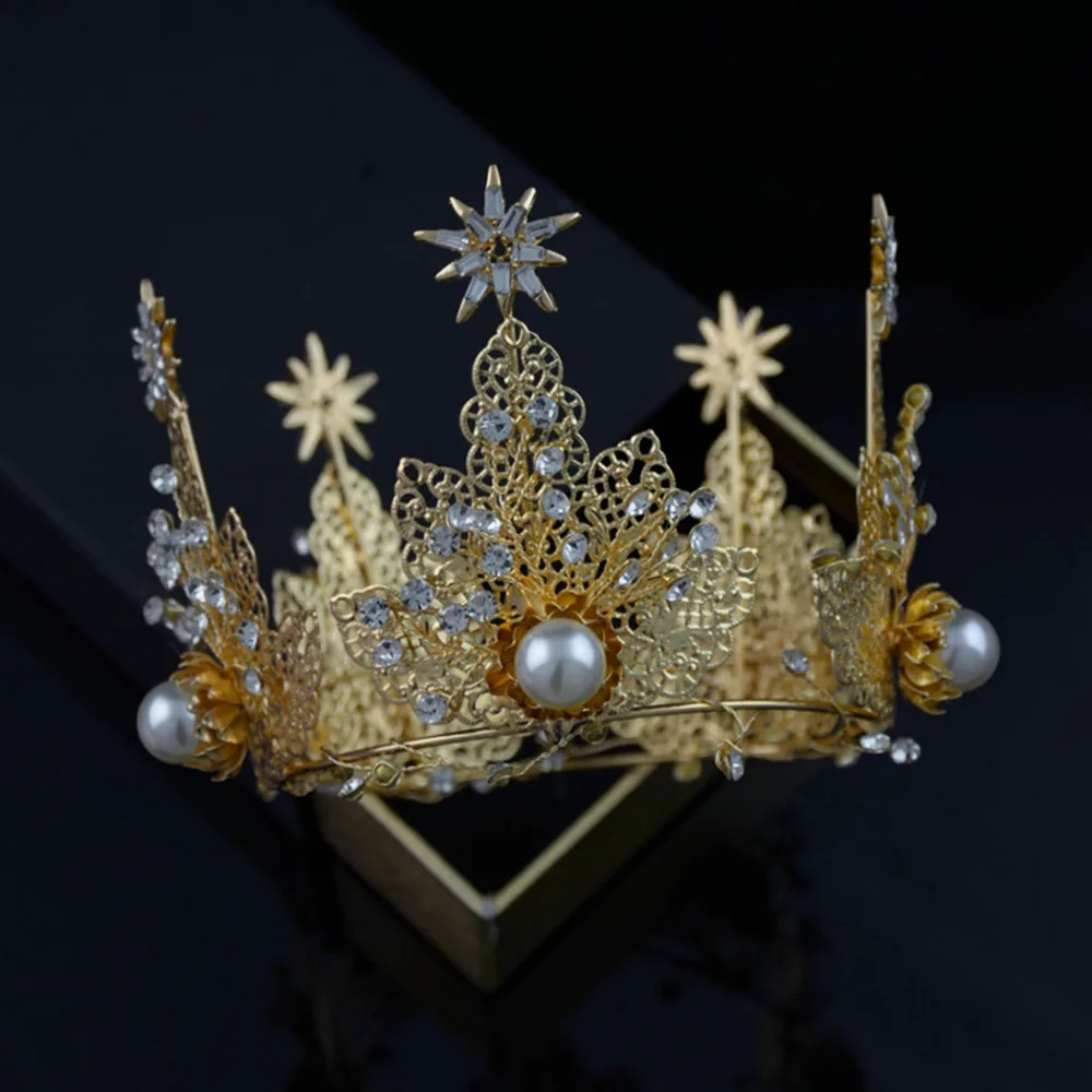 

Baroque Gold Pearl King Queen Crown Vintage Wedding Hair Accessories Headband Hair Jewelry Bridal Crown Tiara Headpiece.