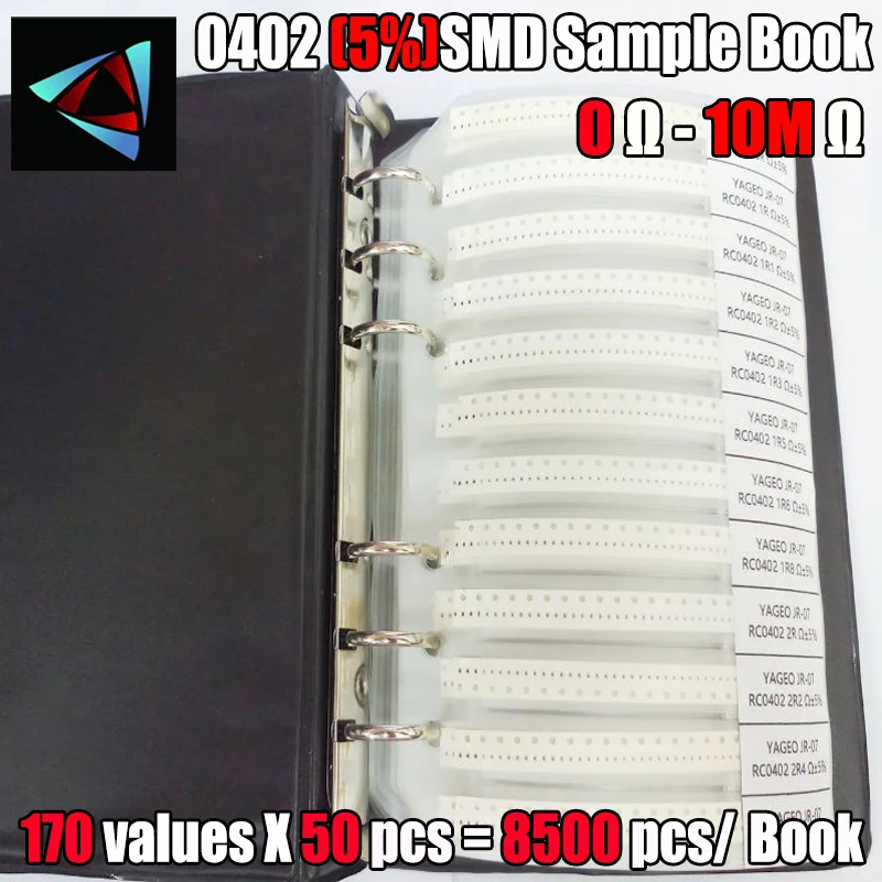 Образец резистора YAGEO SMD 0402 5% 0R ~ 10 м допустимое отклонение в книжке 170 valuesx50pcs = 8500