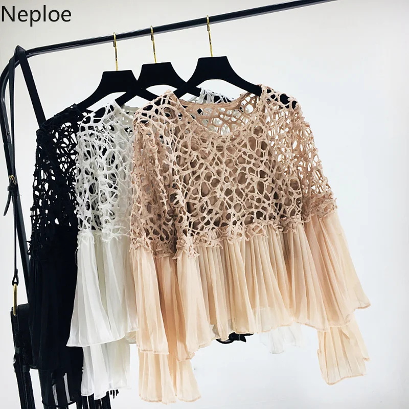 Neploe летние Модная женская блузка кружева Flare рукавом Блузка с прорезями 2019