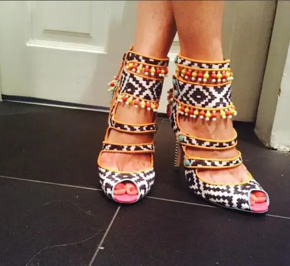 

Hot New Retro Gingham Genuine Leather Peep Toe Shoes String Bead Women's Shoes Thin Heels Night Club Women's Sandals